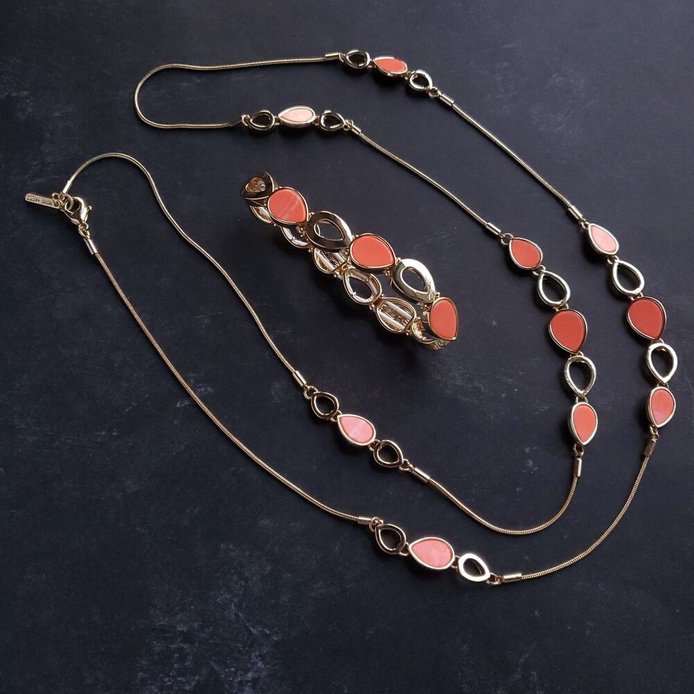 Nine West Gold Tone Necklace Stretch Bracelet Set Orange Gold-Tone Teardrop Long